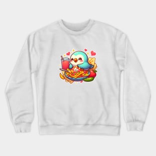 cute love birds are eating Mexican specialties, Tacos, Burritos, Enchiladas, Quesadillas, Guacamole, Fajitas, Chiles Rellenos, Tamales, Mole, Chilaquiles, Crewneck Sweatshirt